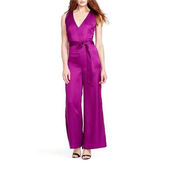 NWT LAUREN by RALPH LAUREN Magenta Purple SATIN JUMPSUIT ROMPER 2OW $185.00  ANB - Picture 1 of 4